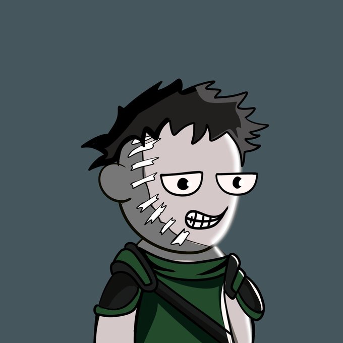 A digital cartoon drawing of a character with gray skin, black hair, stitches on their face, and a green outfit.