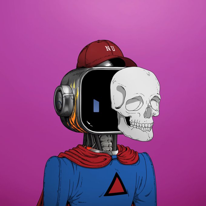 A stylized illustration depicts a skeleton-like skull wearing a VR headset, red cap, blue suit, and red cape against a purple background.