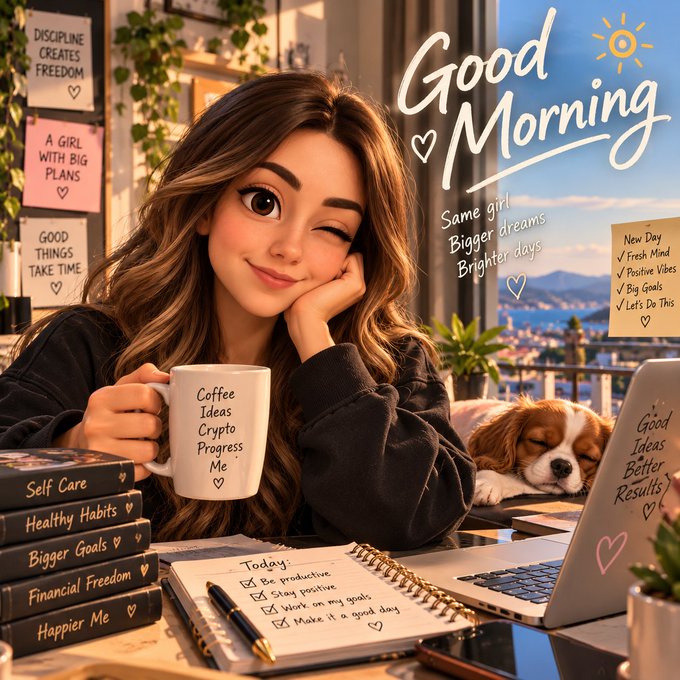 An illustrated 'Good Morning' graphic featuring a winking girl holding a coffee mug labeled 'Coffee Ideas Crypto Progress Me,' surrounded by self-improvement books, a to-do list, a sleeping puppy, and motivational sticky notes.