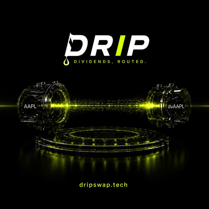 A neon-yellow DRIP logo with the tagline "Dividends, Routed" sits above two glowing cylindrical conduits that beam energy from "AAPL" through a particle-filled tunnel to "dvAAPL," visually illustrating the tokenized stock-to-dividend pipeline. The graphic reinforces the post's thesis that while equities have moved onchain, the underlying dividend yield still needs to be routed to token holders via platforms like DRIP.