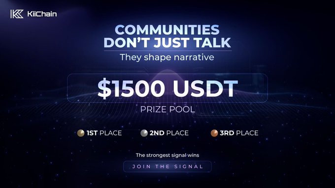 The image features a banner advertisement for a competition with a prize pool of $1500 USDT. The advertisement invites users to join the competition by sharing their ideas or knowledge related to Kii' infrastructure thesis. The text displayed within the image emphasizes that this event is focused on communities and aims to involve those who understand the thesis, creating a space where they can shape narratives together. The post suggests entering via comments as it encourages users to participate in the discussion happening around the competition.
