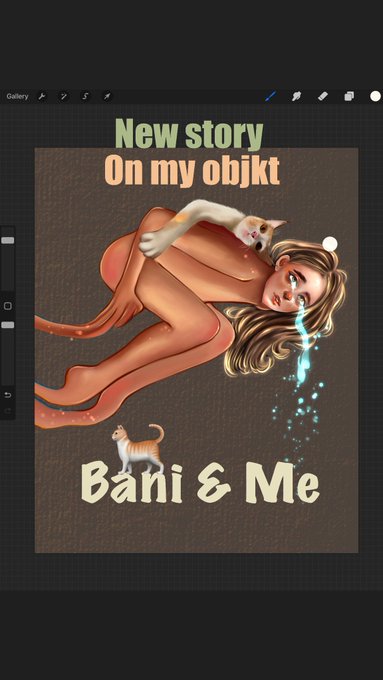 A digital illustration being edited shows a reclining woman with a cat beside her, with text reading 'New story On my objkt' at the top and 'Bàni & Me' at the bottom.