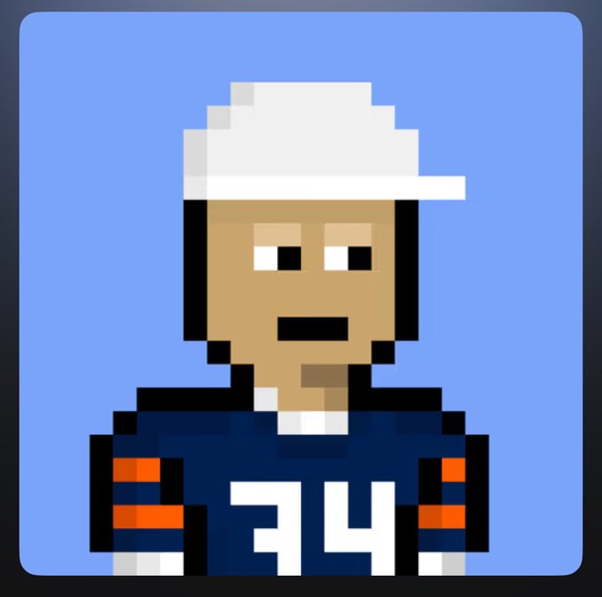 A pixel art portrait of a football player wearing a white cap and dark blue jersey with the number 24, set against a blue background.