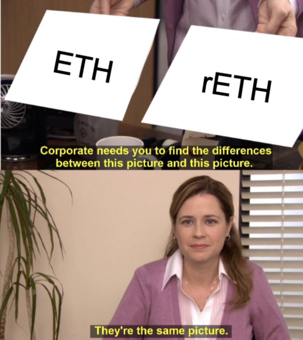 A meme from The Office shows two cards labeled "ETH" and "rETH" presented as identical pictures, humorously illustrating the post's point that both tokens share the same liquidity, Ethereum-based trading, and solver routing—with rETH simply living on Redbelly Network.