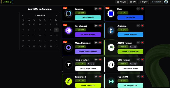 A dashboard titled 'Your GMs on Soneium' showing a calendar and a list of incentive programs including Soneium, Base, Ink Mainnet, Arbitrum, Monad Mainnet, X1ECO Testnet, Tempo Testnet, OPN Testnet, Robinhood, and HyperEVM.