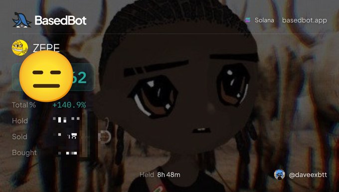 A screenshot of the BasedBot app on Solana showing ZFPE token stats with a +140.9% gain, held for 8h 48m, overlaid on an anime-style character with a neutral expression emoji.