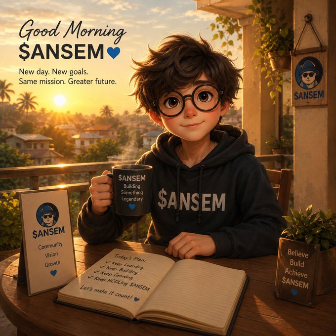 An illustrated 'Good Morning $ANSEM' graphic showing a stylized boy with glasses holding a mug at a balcony table with a journal that reads 'Today's Plan: Keep Learning, Keep Building, Keep Growing, Keep HOLDING $ANSEM'.