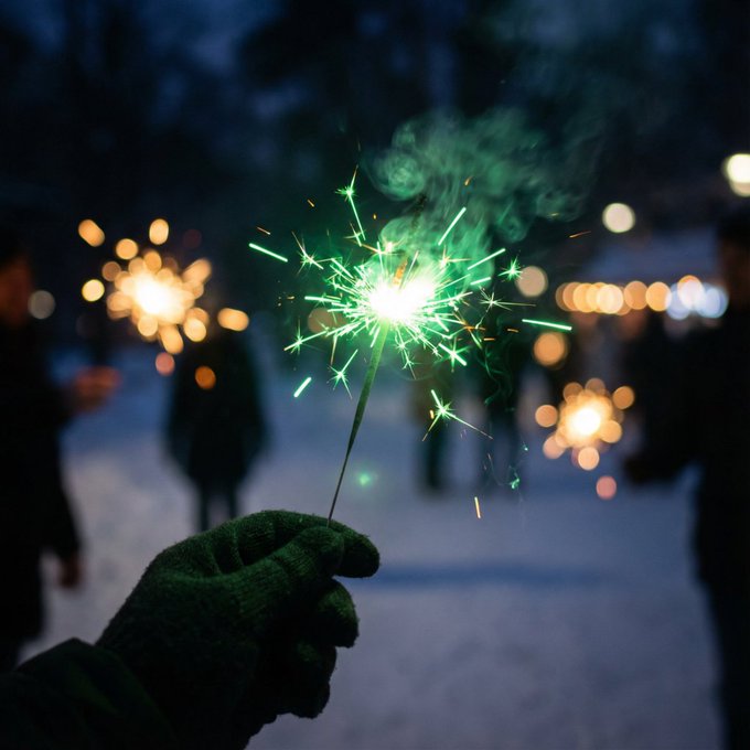 A gloved hand holds a sparkling green sparkler in a snowy nighttime scene with blurred figures and warm lights in the background.