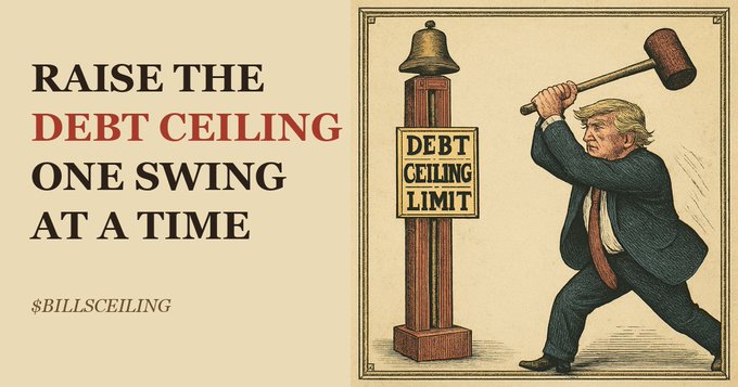 A political cartoon illustration showing Donald Trump swinging a large mallet at a wooden post topped with a bell and labeled "DEBT CEILING LIMIT," with text reading "RAISE THE DEBT CEILING ONE SWING AT A TIME" and "$BILLSCEILING"."