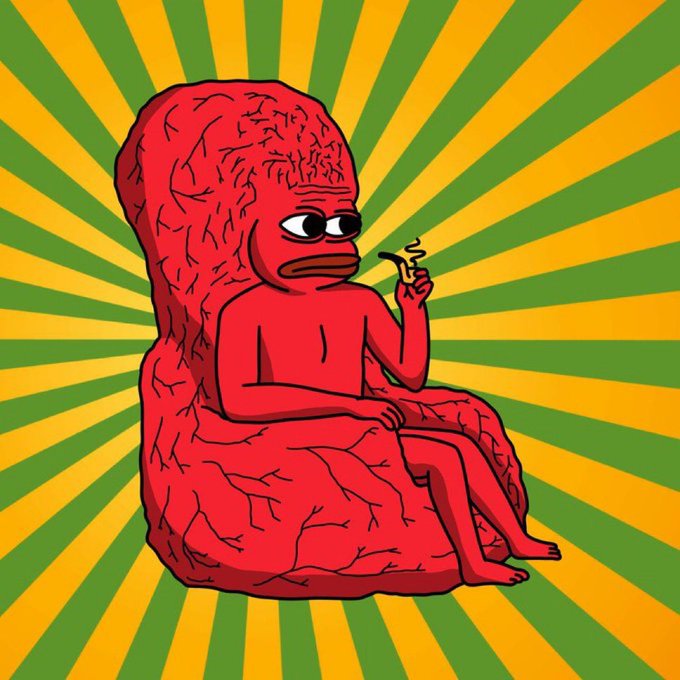 A cartoon image of a red Pepe-like figure sitting in a large red armchair and smoking, set against a green and yellow sunburst background.