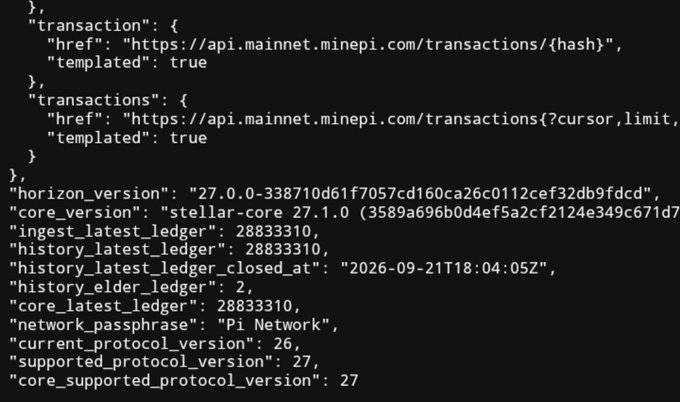 The image shows a JSON API response from Pi Network's mainnet (`api.mainnet.minepi.com`), displaying key status fields including `horizon_version: "27.0.0-338710d61f..."`, `core_version: "stellar-core 27.1.0"`, `current_protocol_version: 26, supported_protocol_version: 27`, and a `network_passphrase: "Pi Network"`. This visually confirms the post's claim that the Pi Network Mainnet API is now running Horizon v27.0.0 with Stellar Core 27.1.0 and full protocol version 27 support.