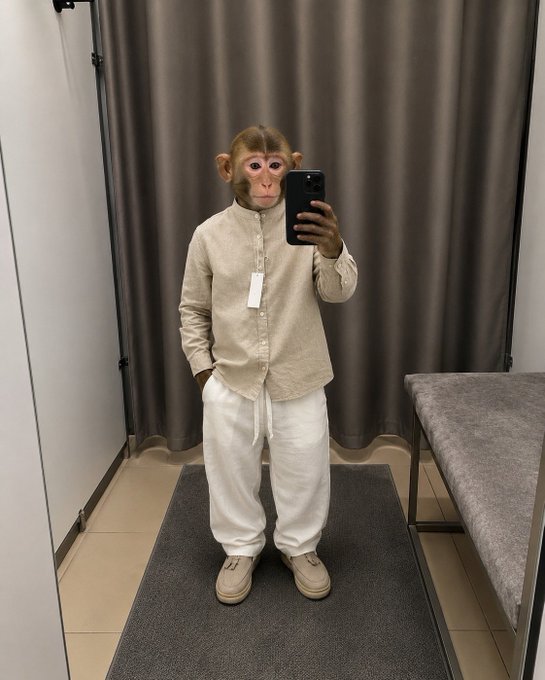 A monkey stands upright in a fitting room wearing a beige shirt, white pants, and beige loafers, taking a mirror selfie with a smartphone.