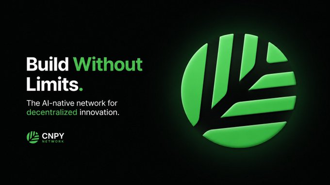 The image shows a promotional graphic for CNPY Network featuring a glowing green 3D logo with an abstract geometric design, alongside the tagline "Build Without Limits" and the description "The AI-native network for decentralized innovation." This visual reinforces the post's message about CNPY Network providing AI-powered infrastructure for Web3 builders to create virtual chains.