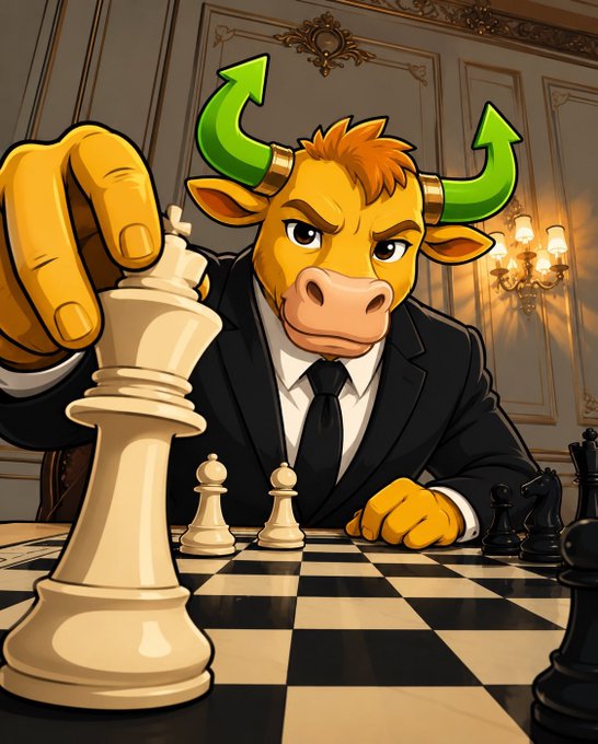A cartoon bull in a black suit smashes a white king chess piece on a board, with bold green upward arrows above its head—a fitting visual for a bullish "$Theros" crypto pump-and-dump wager.