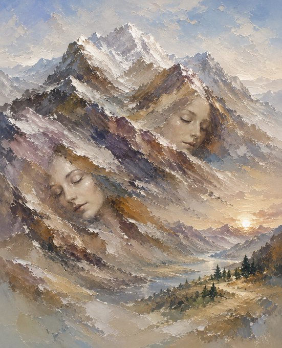 A surreal painting blends snow-capped mountain peaks with the serene faces of two women emerging from the rocky ridges, under a cloudy sky with a setting sun reflecting over a distant lake.