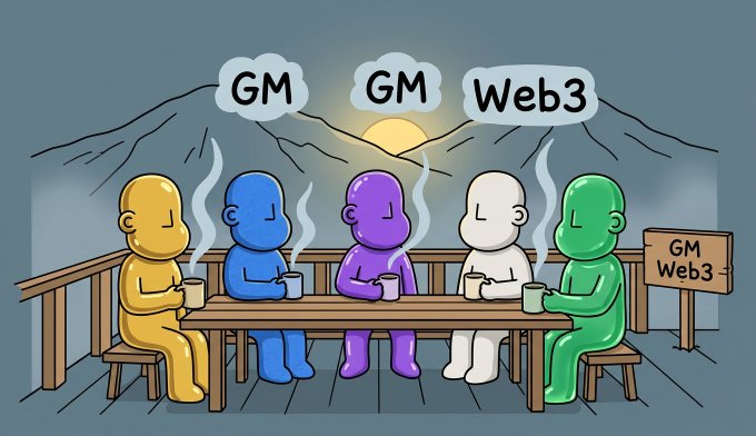 A cartoon illustration of five colorful humanoid figures (yellow, blue, purple, white, green) sitting at a wooden table with steaming mugs, with speech bubbles reading "GM", "GM", and "Web3" against a sunrise mountain backdrop. A sign reads "GM Web3".