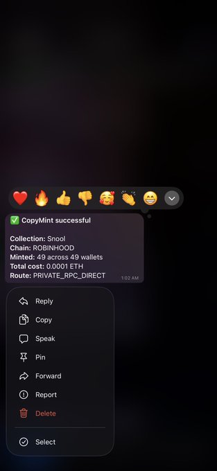 A messaging app shows a successful “CopyMint” of collection “Snool” on ROBINHOOD, minted 49 across 49 wallets at a total cost of 0.0001 ETH, with route PRIVATE_RPC_DIRECT. The image illustrates the post’s claim about gas spent on 50 wallets without delegation.