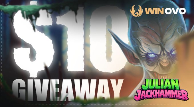 The image is a banner with an illustration of a monster (or possibly a character) next to some text that reads " $10 giveaway" followed by the names " Julian Jackhammer". There's also a dollar sign, which indicates that the offer is for a reward or prize amounting to ten dollars. The post appears to be promoting an event or contest related to video game and fantasy themes like the one played on "Winnovo". It encourages fans of the game to participate by sharing it with others via social media using relevant hashtag tags, thereby increasing the visibility and reach of the event.