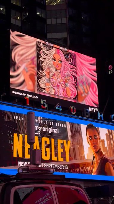 A billboard advertisement for the 'Peachy Squad' NFT collection displaying a price of 154.0 ETH in Times Square, positioned above an 'AGT' promo for a show 'Newly' premiering September 16.