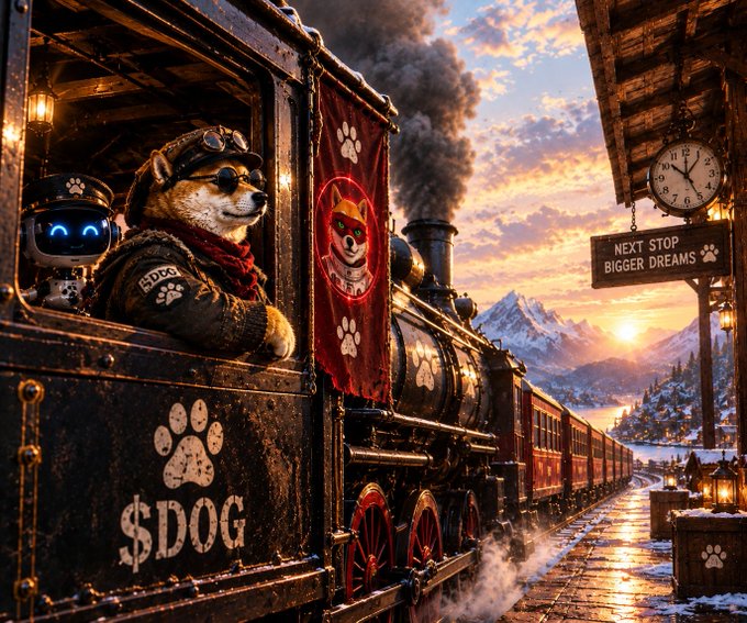 An AI-generated illustration shows a Shiba Inu dog wearing goggles and a red scarf as the conductor of a steam train labeled '$DOG,' with a banner reading 'NEXT STOP BIGGER DREAMS' at a snowy mountain station.