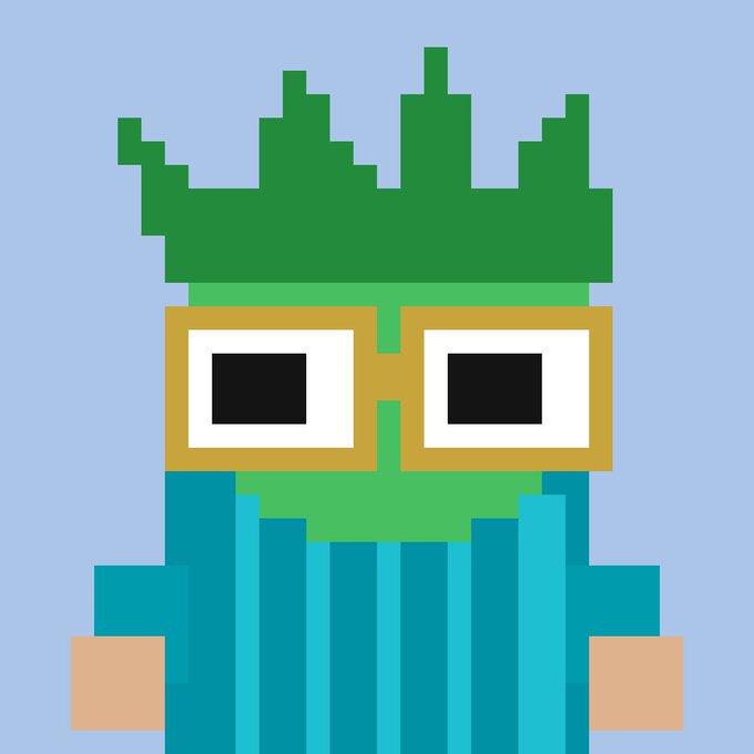 A pixel art illustration of a green-haired character wearing large square glasses with yellow frames and a teal striped shirt.