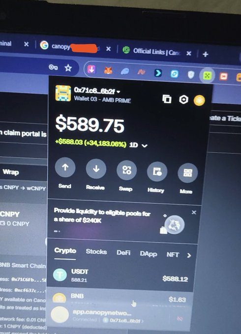 A computer screen displays a crypto wallet showing $589.75 with a +$588.03 (+34,183.06%) gain, highlighting USDT ($588.12) and BNB ($1.63) balances under wallet "0x71c6...6b2f" connected to Canopy, which the user references as an airdrop reward from creating 5-6 pieces of content for the Canopy campaign.