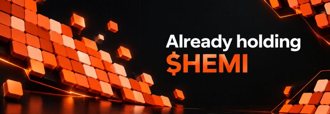 A promotional banner with orange 3D cubes on a black background displays the text 'Already holding $HEMI'.