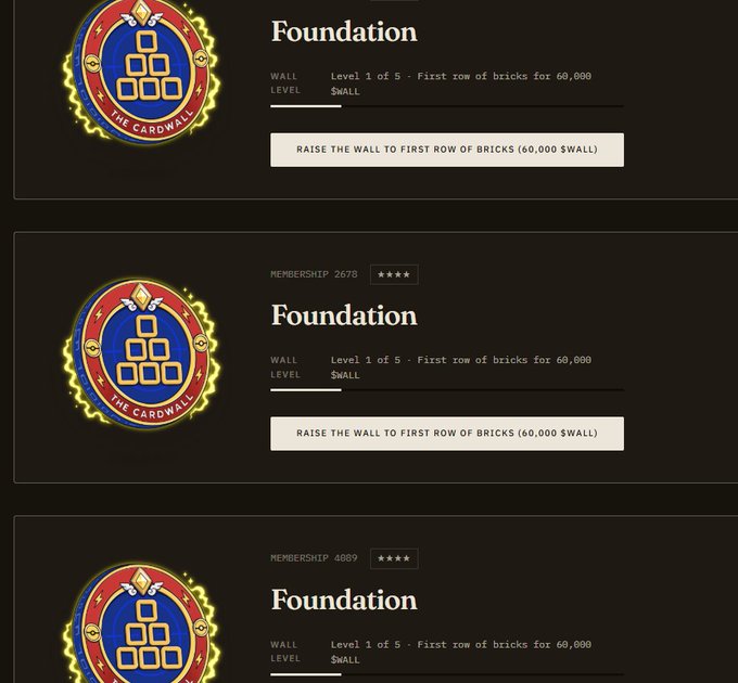 The image displays three "Foundation" membership tiers (2673, 4009) for "THE CARDWALL," each showing a wall level status of "Level 1 of 5 - First row of bricks for 60,000 $WALL" with a call-to-action to "RAISE THE WALL TO FIRST ROW OF BRICKS (60,000 $WALL)." The visuals correspond to the post about activating second and third Tier 4 Card Wall memberships, highlighting the protocol's staking model using the $WALL token.