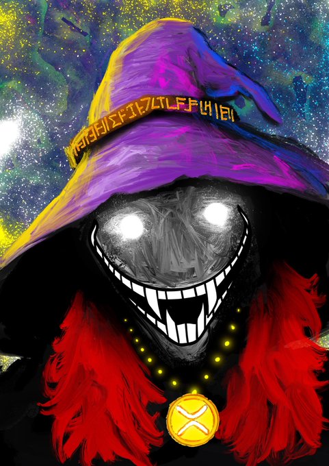 A digital illustration of a menacing dark figure wearing a purple wizard hat adorned with golden runes and a red feathered collar, featuring glowing white eyes and a wide, toothy grin.