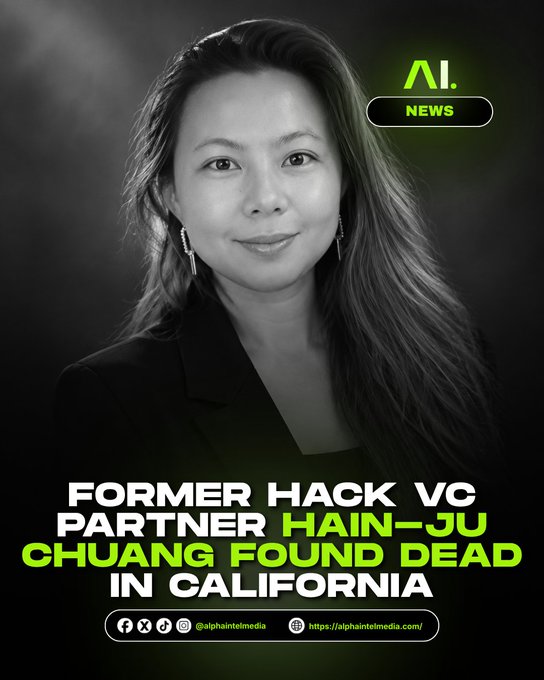 AI News graphic with a black-and-white portrait of a woman, headlined 'FORMER HACK VC PARTNER HAIN-JU CHUANG FOUND DEAD IN CALIFORNIA'.