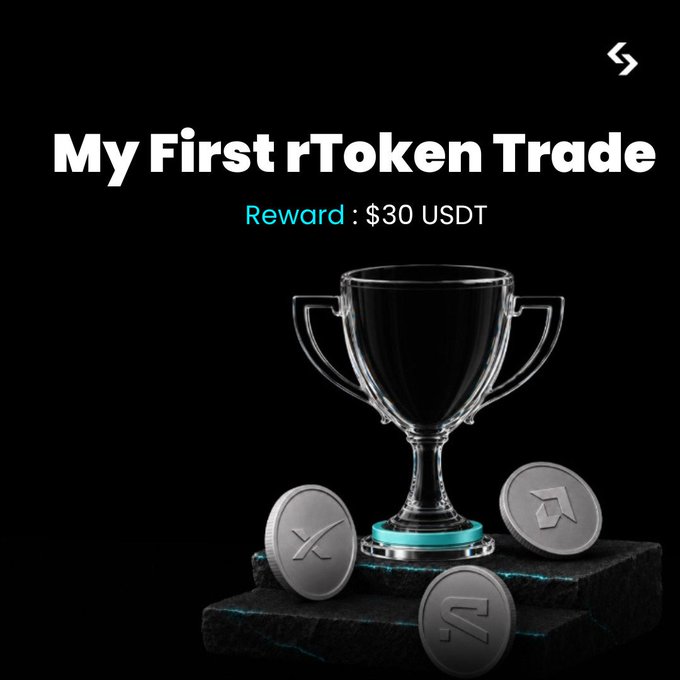 The image depicts a crystal trophy on three black marble pedestals with a coin on each pedestal.  Text is seen about "My First rToken Trade" that relates to the image of the trophy because winning the trophy is awarded by completing the challenge mentioned in the text.