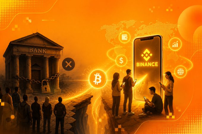An orange-toned illustration depicting a contrast between a locked traditional bank and Binance, with people transitioning from traditional banking to crypto via smartphone.