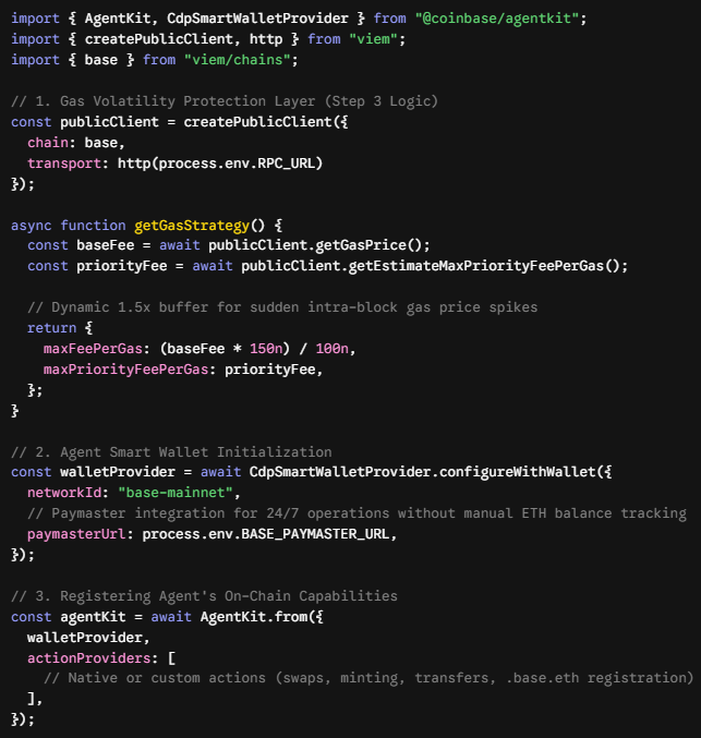 Code snippet for an AI agent using Coinbase AgentKit and viem, implementing gas volatility protection (1.5x buffer), CDP smart wallet with paymaster integration on Base mainnet, and on-chain action providers.