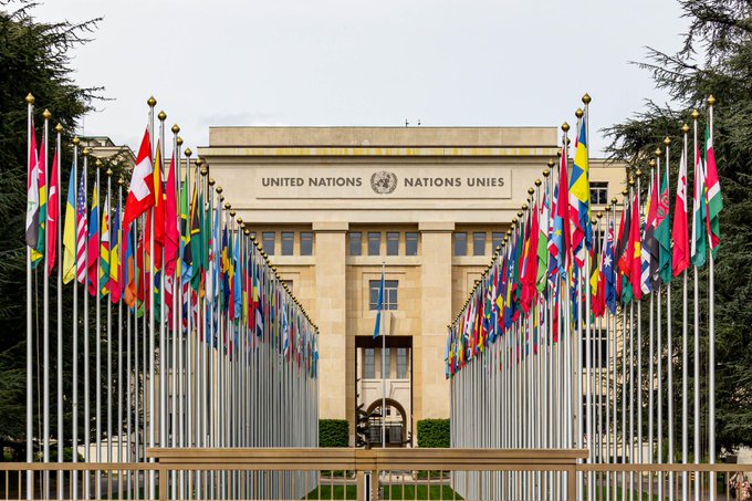 The image shows the iconic United Nations headquarters in Geneva, Switzerland, featuring the Palais des Nations entrance flanked by rows of member state flags and bearing the inscription "UNITED NATIONS / NATIONS UNIES" above its doors. The image relates to the post as the UNDP (United Nations Development Programme), which has expanded its Stellar blockchain payment initiative, operates under this global institution dedicated to international cooperation and humanitarian aid.