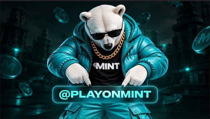 A stylized promotional image featuring a bear character wearing sunglasses, a gold chain, and a teal jacket over a black 'MINT' shirt, with the handle '@PLAYONMINT' displayed below, set against a dark background with floating coins.