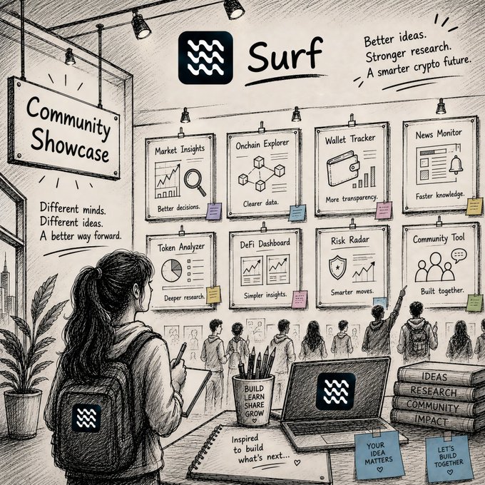 A hand-drawn pencil-style illustration for 'Surf' showcasing a 'Community Showcase' with various tool cards like 'Market Insights,' 'Onchain Explorer,' and 'DeFi Dashboard,' accompanied by the slogans 'Better ideas. Stronger research. A smarter crypto future.'