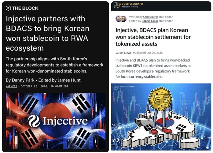 Side-by-side crypto news clippings report that Injective and BDACS plan a Korean won (KRW) stablecoin for tokenized-asset markets in South Korea. The article headlines read “Injective partners with BDACS to bring Korean won stablecoin to RWA ecosystem” and “Injective, BDACS plan Korean won stablecoin settlement for tokenized assets,” matching the post’s claim about connecting KRW settlement with $INJ and RWAs.