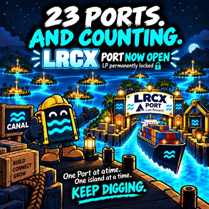 A vibrant promotional graphic announcing '23 PORTS. AND COUNTING. LRCX PORT NOW OPEN' by Lam Research, featuring a cartoon construction worker character and a cargo ship with 'LP permanently locked'.