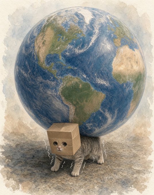 A whimsical illustration of a small tabby kitten with a cardboard box on its head supporting the entire Earth as the globe.