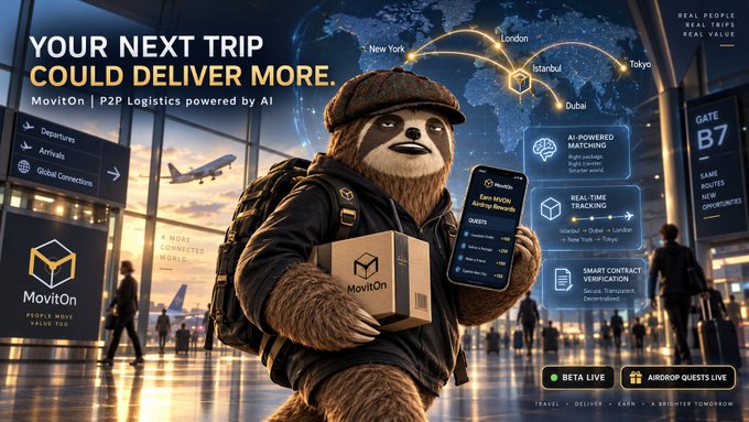 A MovitOn promotional poster featuring a sloth character at an airport with the tagline 'YOUR NEXT TRIP COULD DELIVER MORE.', advertising AI-powered logistics between cities like New York, London, Tokyo, and Dubai.