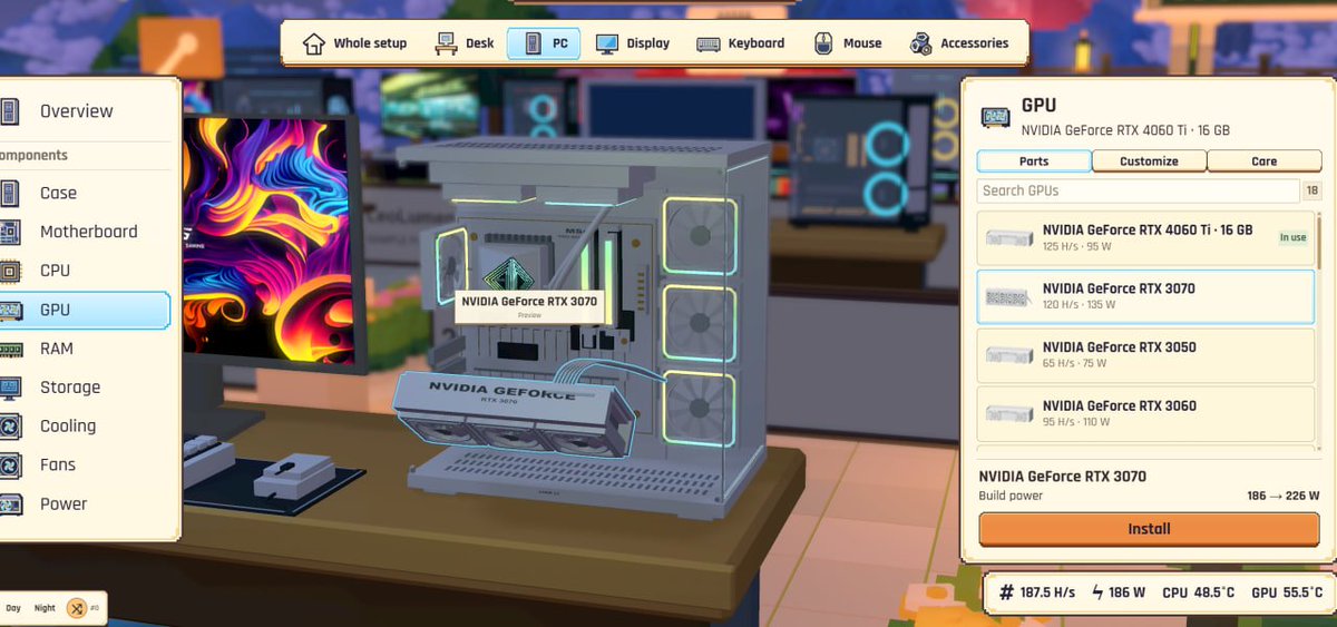 A PC building simulator interface displays the GPU selection menu with options including NVIDIA GeForce RTX 4060 Ti, RTX 3070, RTX 3050, and RTX 3060, with the RTX 3070 currently selected.