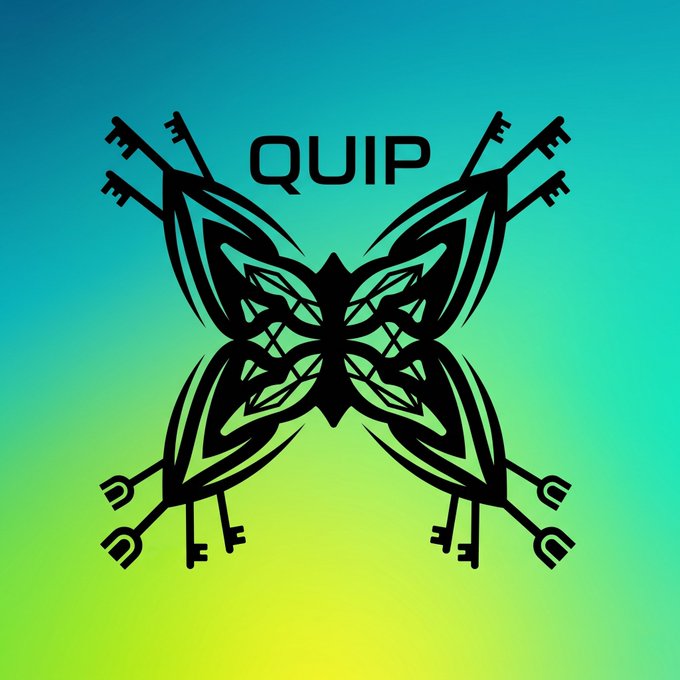 Logo featuring 'QUIP' text above a symmetrical butterfly design made of crossed keys against a green-to-blue gradient background.