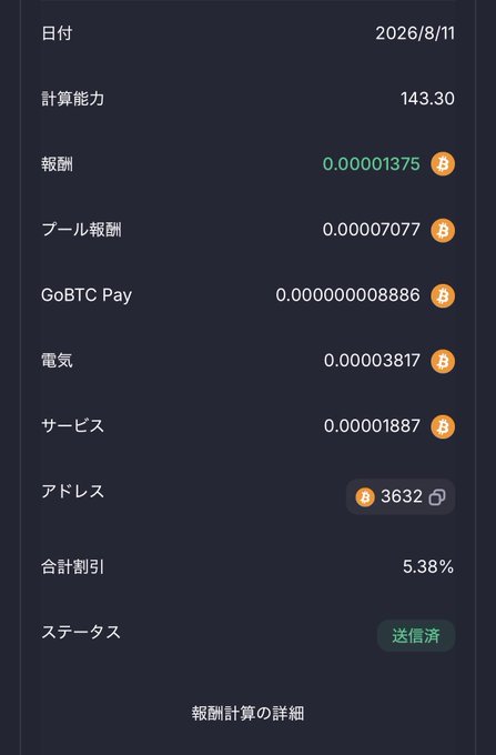 A dark-themed dashboard in Japanese showing mining statistics dated '2026/8/11', including computation power '143.30', earnings '0.00001375', and a status marked '送信済' (Submitted).