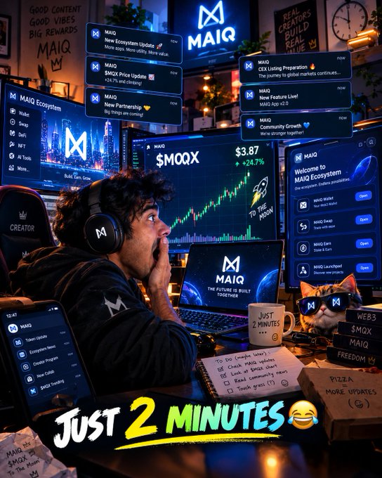 An illustration depicts a person wearing headphones surrounded by multiple screens showing cryptocurrency updates for 'MAIQ', a chat window, a 'TO THE MOON' sign, a cat with 'M' glasses, and the text 'JUST 2 MINUTES 😂' at the bottom.
