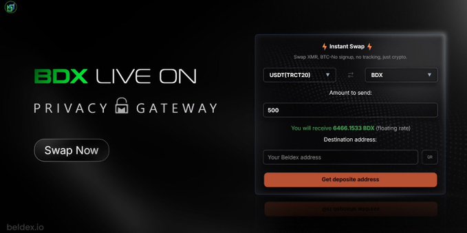 An advertisement for 'BDX LIVE ON PRIVACY GATEWAY' (beldex.io) showing an 'Instant Swap' interface converting USDT(TRC20) to BDX with 500 selected, showing a return of 6466.1533 BDX.