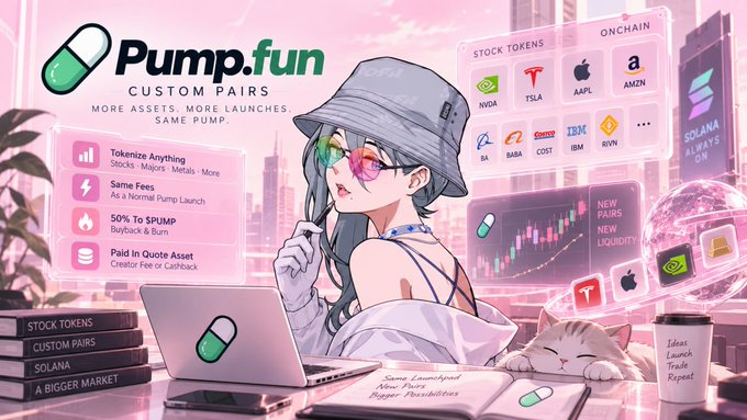 The image is a promotional graphic for **Pump.fun**, advertising its new "Custom Pairs" feature with the tagline "More Assets. More Launches. Same Pump." It showcases tokenization of real-world stocks (NVDA, TSLA, AAPL, AMZN, BA, BABA, COIN, IBM, SVNN) onchain via Solana, highlighting benefits like tokenizing anything (stocks, majors, metals), 50% revenue split, and paid-in-quote assets, while featuring an anime-style character at a laptop with a cat.

The graphic visually reinforces the post's thesis about the "tokenization supercycle"—while the visible layer shows popular stock tokens like NVDA trading onchain, Pump.fun is positioning itself as infrastructure for a much larger, untapped pool of tokenized assets beyond just equities.