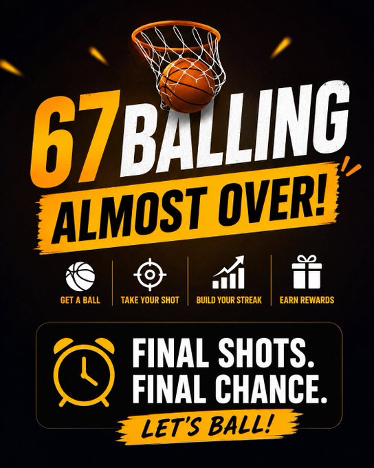 A promotional graphic with a black background and orange accents features a basketball going through a hoop, with large text reading '67 BALLING ALMOST OVER!' and a 'FINAL SHOTS. FINAL CHANCE. LET'S BALL!' banner.