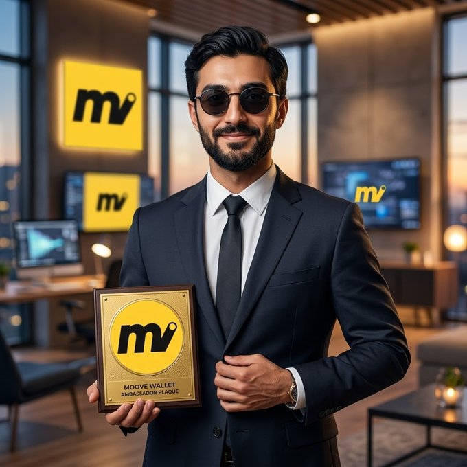 An AI-generated image of a bearded man in a black suit and sunglasses holding a gold 'MOOVE WALLET AMBASSADOR PLAQUE' with the 'mv' logo, set in a modern office environment.