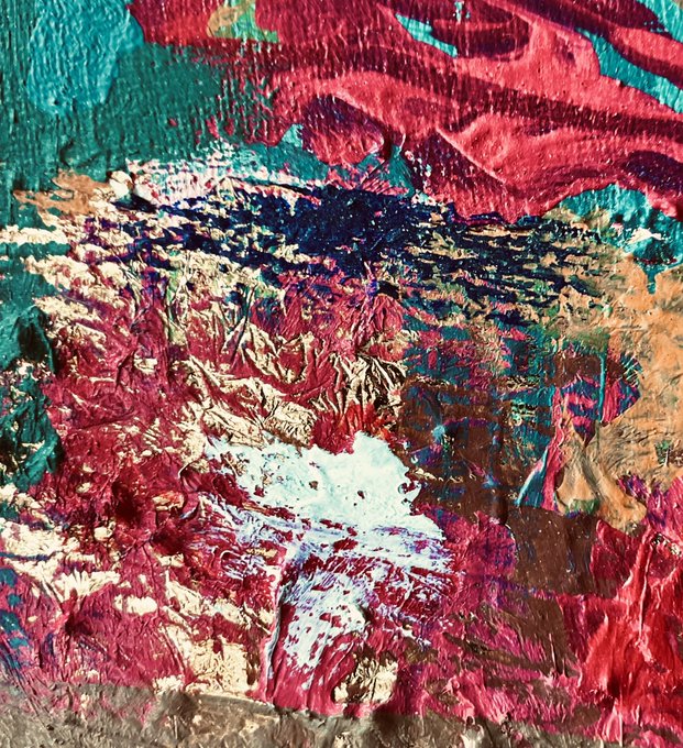 An abstract painting with thick, textured brushstrokes in vibrant shades of red, teal, white, and brown, creating a chaotic, impasto effect.