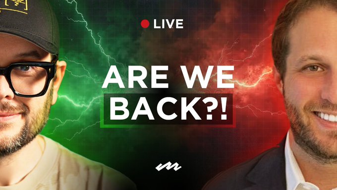 A YouTube-style thumbnail featuring two men flanking the text 'ARE WE BACK?!' with a red 'LIVE' indicator above, set against a green and red lightning background.